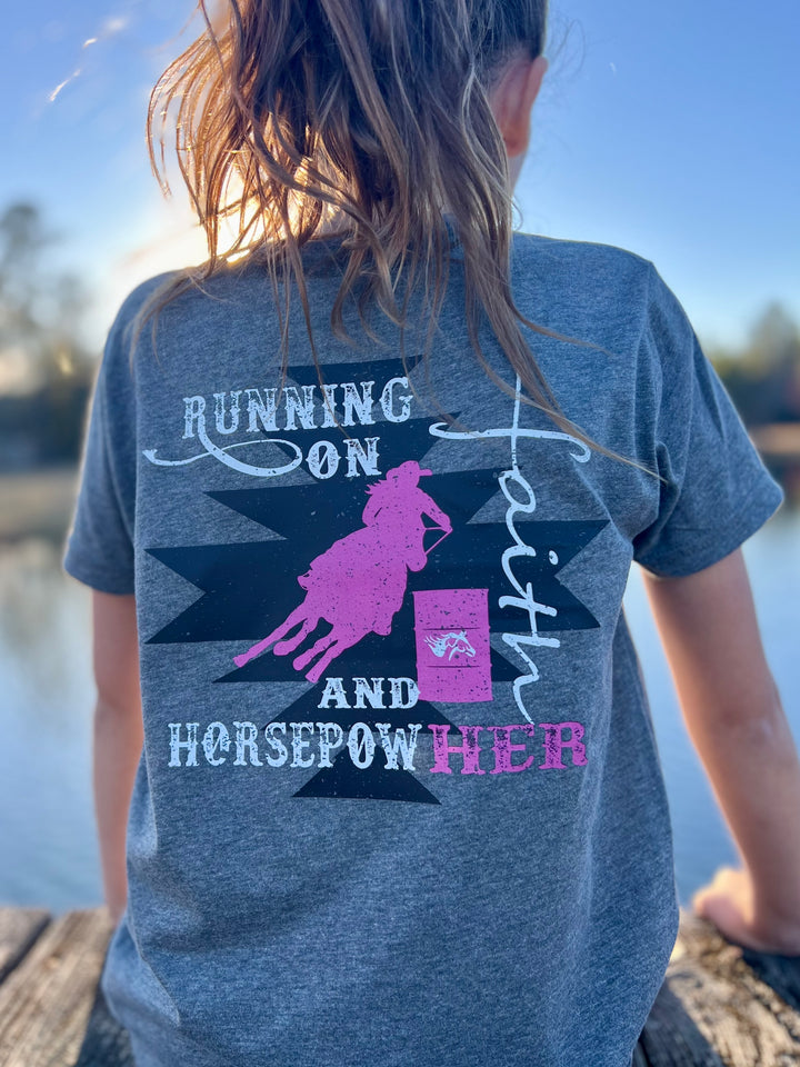 Running on Faith and HorsepowHer Youth Barrel Tee