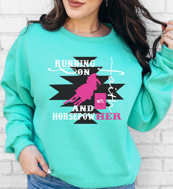 Women's Running on Faith and HorsepowHer Crewneck Sweatshirt